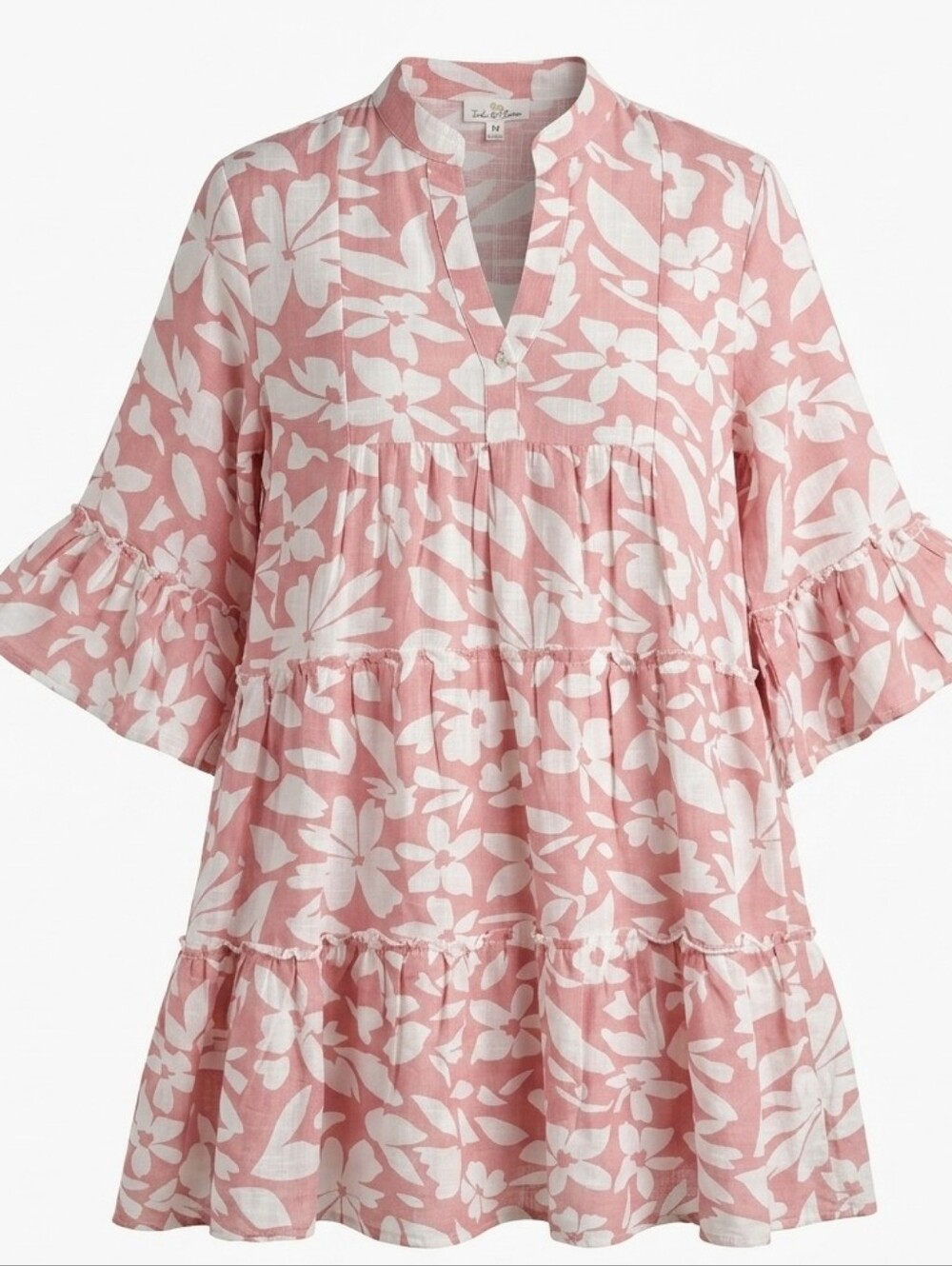 Turks Caicos Cotton Linen Pink Floral Tiered Summer Dress Sz.M Boho Cottagecore